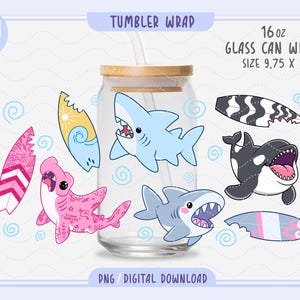 Envoltorio para lata de cristal Libbey con tiburones png, Envoltorio para taza de surf, Envoltorio para lata de cristal de cumpleaños, Envoltorio para lata de cristal Libbey con temática de vida marina, Envoltorio para café helado con temática de vida marina png