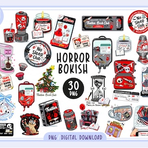 May include: A selection of digital PNG graphics with a horror theme. Features a coffee machine, a blender, candles, a lava lamp, a Christmas tree, books, and other spooky items. Text includes "Horror Bookish", "Thriller Book Club", and "No Sleep Club".