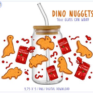 Envoltura de lata de vidrio Libbey de 16 oz con forma de dinosaurio PNG • Vaso de café Dino • Sublimación de 9.75 × 5 • Ketchup