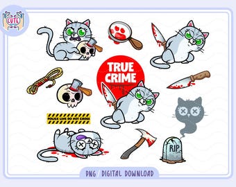 True Crime Clipart PNG | Horror Cat PNG | Bookish Clipart for Stickers | Cute Trendy Aesthetic Design for True Crime Lovers | True Crime PNG