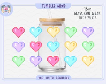 Pixel Heart Libbey Glass, Libbey Valentines Glass Wrap, Pixel hearts Cup Wrap PNG, Girly Libbey Glass Can Wrap, Cozy Iced Coffee Wrap png