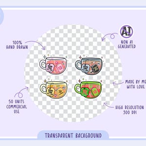 May include: Four colorful teacup illustrations with the text "Book Time Tea Time" on the tea bag tags. The image also includes text that says "100% Hand Drawn", "Non AI Generated", "Made by Me with Love", "50 Units Commercial Use", "High Resolution 300 DPI", and "Transparent Background".