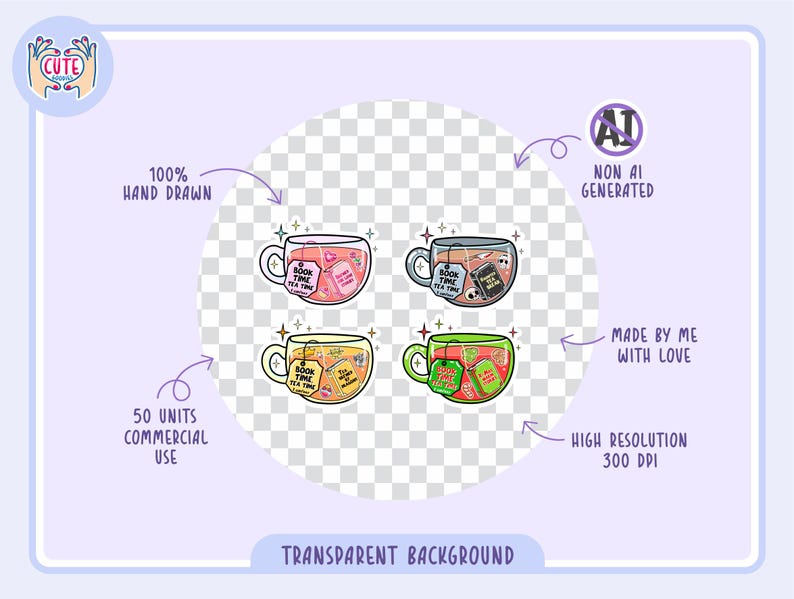 May include: Four colorful teacup illustrations with the text "Book Time Tea Time" on the tea bag tags. The image also includes text that says "100% Hand Drawn", "Non AI Generated", "Made by Me with Love", "50 Units Commercial Use", "High Resolution 300 DPI", and "Transparent Background".
