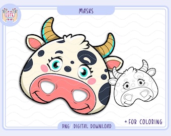 Pig paper mask printable for kids, toddler activity, Farm animals paper masks, Digital birthday party headband, Cow paper coloring crown
