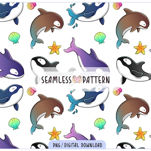 May include: Seamless pattern featuring cartoon orcas, starfish, seashells, and swirls in shades of blue, brown, purple, and yellow on a white background. The text "SEAMLESS PATTERN" and "PNG / DIGITAL DOWNLOAD" are also included.