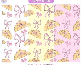 Pink Coquette Croissant Seamless Pattern, Preppy Pink Bow digital paper, High Resolution Digital Download PNG repeating pattern