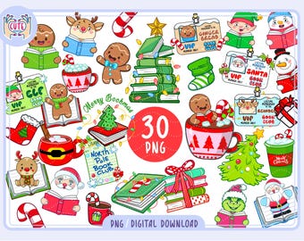 Pacchetto natalizio libresco PNG, clipart per amanti dei libri di Natale png, clipart per vibrazioni natalizie png, pacchetto invernale libresco PNG, libreria di Natale