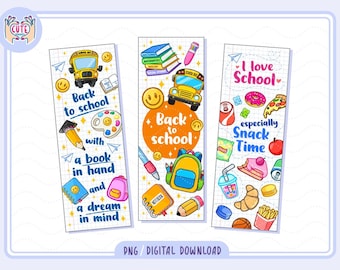 Segnalibri per il ritorno a scuola PNG / Segnalibro carino per la lettura / Segnalibro per libri alla moda / Regali per insegnanti / Segnalibri scolastici stampabili / Materiale scolastico carino
