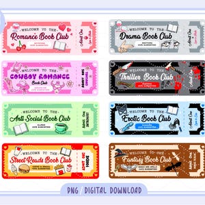 Puede incluir: Una colección de diseños de boletos coloridos para varios clubes de lectura, incluyendo Romance, Drama, Cowboy Romance, Thriller, Anti-Social, Erotic, Street Reads y Fantasy. Cada boleto presenta ilustraciones y texto temáticos, con una etiqueta "PNG / DESCARGA DIGITAL".