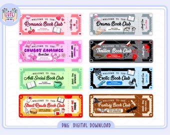 Bookish Ticket Bundle PNG, Book Club Ticket Bookmark PNG, Book lovers clipart, Cute trendy Aesthetic Fantasy Romance Mystery Horror Smut