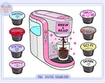 Book and coffee bundle PNG, Book lovers clipart, bookish coffee, trendy png sticker design, Coffee lover png, Bookish girl clipart