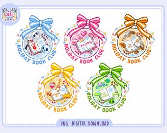 May include: A collection of five colorful Holiday Book Club digital download designs. Each design features a round ornament shape with a bow, candy canes, and a book-themed illustration. The text "HOLIDAY BOOK CLUB" is included.