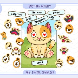 Puede incluir: Una descarga digital titulada "Emotions Activity" que presenta un gato de dibujos animados con ojos en forma de corazón, rodeado de rasgos faciales temáticos de emociones. El gato está sentado sobre hierba verde. Las etiquetas de texto incluyen "Sorprendido", "Nervioso" y "Amado".