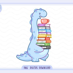 Puede incluir: Un dinosaurio de dibujos animados azul claro con manchas moradas, sosteniendo una pila de libros coloridos y una taza de té rosa. La imagen incluye el texto "PNG / DIGITAL DOWNLOAD". El dinosaurio tiene una expresión amigable.