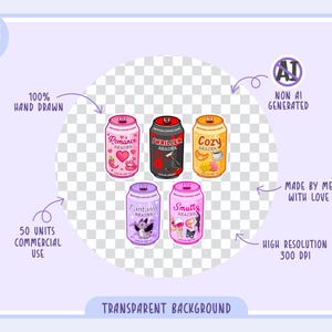 May include: A collection of six illustrated soda cans with different themes: Romance, Thriller, Cozy, Fantasy, and Smutty. The cans are hand-drawn and non-AI generated, with a transparent background. The image is high resolution.