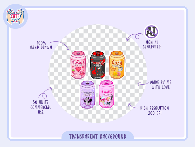 May include: A collection of six illustrated soda cans with different themes: Romance, Thriller, Cozy, Fantasy, and Smutty. The cans are hand-drawn and non-AI generated, with a transparent background. The image is high resolution.