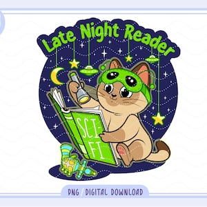 Puede incluir: Ilustración de dibujos animados de un gato con una máscara para dormir verde, leyendo un libro "SCI-FI" bajo un cielo estrellado. La imagen incluye una luna, estrellas y un OVNI. El texto dice "Late Night Reader".