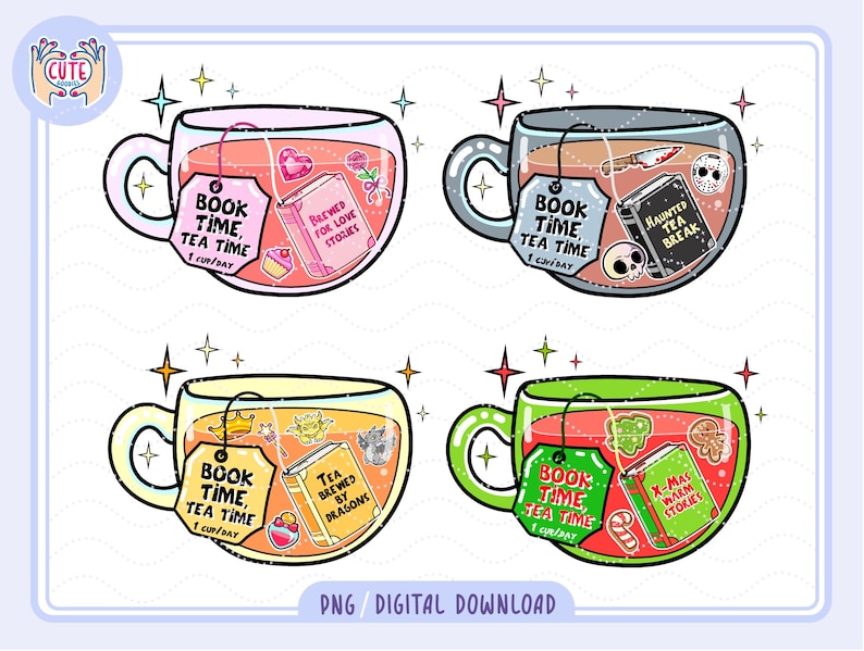 May include: Four illustrated teacups with different themes. Each cup has a tea bag that says "Book Time, Tea Time." The cups contain various objects like books, hearts, and skulls. The text "PNG / DIGITAL DOWNLOAD" is at the bottom.