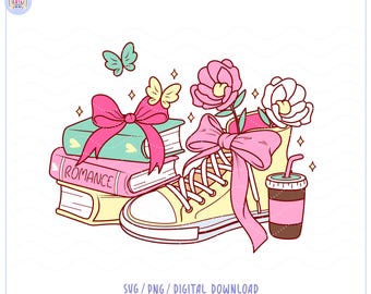 Romance Book club sneakers svg png, design for Stickers, bookmarks, shirts, mugs (Digital Download), book and coffee