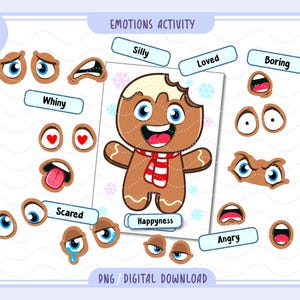 Puede incluir: Una descarga digital titulada "Emotions Activity" que presenta un hombre de jengibre con varias expresiones faciales y etiquetas de emociones. El hombre de jengibre tiene una bufanda roja y blanca. Se incluyen rasgos faciales adicionales.