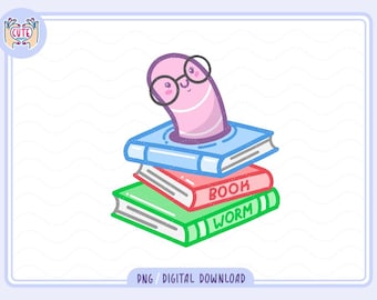 Bookworm PNG | Cute Reading Sticker | Kawaii Digital Download for Book Lovers | Printable Book Art | Library Clipart | bookish PNG sticker