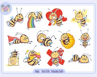 Funny Bee clipart png, Cute Bee Bundle, Cute Kawaii Printable Digital Stickers, Honey Bee png, Cute Bumblebee PNG, Nursery Decor