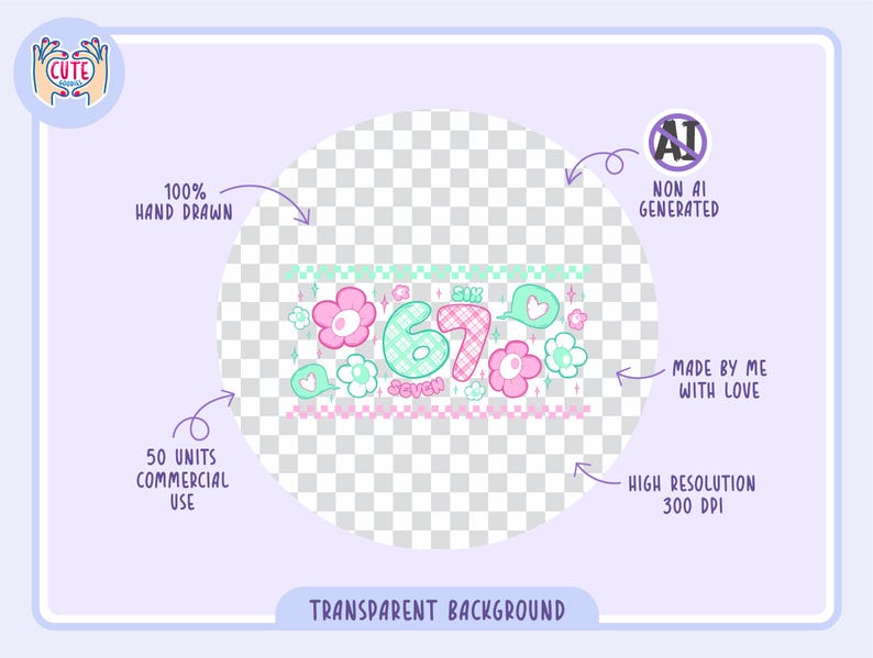 Puede incluir: Un dise&ntilde;o digital con fondo transparente, con los n&uacute;meros "6" y "7" en una fuente l&uacute;dica, rodeados de flores y corazones. El dise&ntilde;o incluye el texto "Six" y "Seven". Texto adicional indica que es 100% dibujado a mano, no generado por IA y hecho con amor.