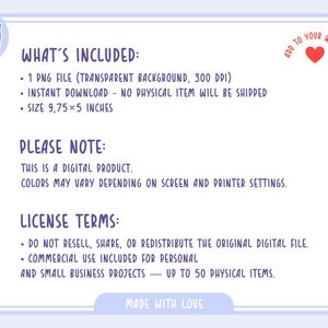 Puede incluir: Una hoja de informaci&oacute;n de producto digital con un borde azul claro. El texto incluye "Qu&eacute; incluye", "Nota" y "T&eacute;rminos de licencia". El tama&ntilde;o es de 24,77 x 12,7 cm. La imagen tambi&eacute;n incluye un logotipo "Cute" y un gr&aacute;fico "A&ntilde;adir a tu lista de deseos".