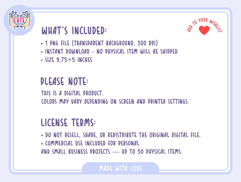 Puede incluir: Una hoja de informaci&oacute;n de producto digital con un borde azul claro. El texto incluye "Qu&eacute; incluye", "Nota" y "T&eacute;rminos de licencia". El tama&ntilde;o es de 24,77 x 12,7 cm. La imagen tambi&eacute;n incluye un logotipo "Cute" y un gr&aacute;fico "A&ntilde;adir a tu lista de deseos".