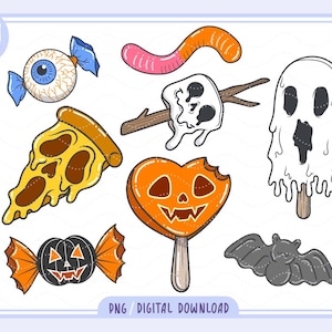 Pode incluir: Ilustrações de desenhos animados com tema de Halloween. Inclui um doce de olho, uma minhoca de goma, um marshmallow derretendo em um palito, uma fatia de pizza, um pirulito em forma de abóbora, um picolé de fantasma, um doce de abóbora e um morcego. O texto "PNG / DIGITAL DOWNLOAD" está na parte inferior.