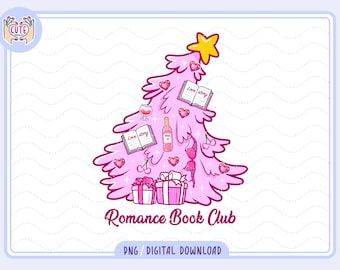 May include: A pink Christmas tree illustration with a gold star, hearts, books, wine, and gifts. The text "Romance Book Club" is at the bottom. The image is a PNG digital download.