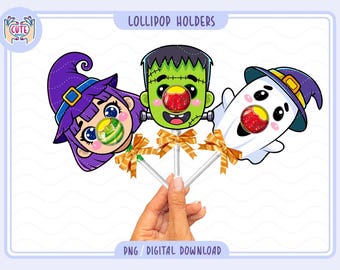 Porta paletas de Halloween imprimibles, porta paletas de bruja, porta chupetes digitales para fiestas, actividad de Halloween para niños pequeños, porta golosinas de Halloween
