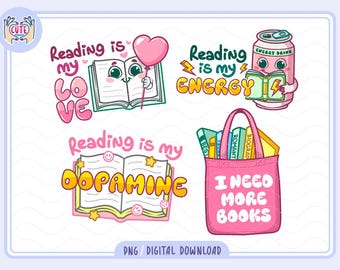 Cozy Book Lover Clipart png | Cute Reading Stickers Instant Download | Groovy bookish bundle | Bookworm Gifts | Bookish Designs for Stickers