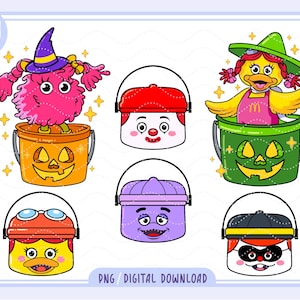 K&ouml;nnte beinhalten: Digitale Illustration mit sechs Zeichentrickfiguren in Eimern. Die Figuren umfassen ein rosa Monster in einem orangefarbenen K&uuml;rbis-Eimer, einen Clown, eine Ente und andere Figuren in Eimern. Der Text "PNG / DIGITAL DOWNLOAD" ist enthalten.