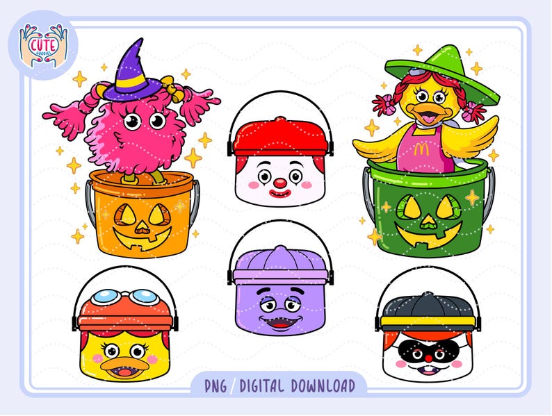 K&ouml;nnte beinhalten: Digitale Illustration mit sechs Zeichentrickfiguren in Eimern. Die Figuren umfassen ein rosa Monster in einem orangefarbenen K&uuml;rbis-Eimer, einen Clown, eine Ente und andere Figuren in Eimern. Der Text "PNG / DIGITAL DOWNLOAD" ist enthalten.