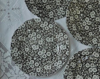 Plato vintage Burleigh Calico, gris marrón descatalogado, loza inglesa transferida, plato para ensalada/postre, plato floral, estilo cottagecore, shabby chic.