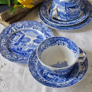 Op de afbeelding: Een verzameling blauw en wit porseleinen servies, waaronder kopjes, schotels en borden. De stukken hebben een gedetailleerd landschapsontwerp en een bloemenrand. De set is gerangschikt op een wit tafelkleed, met een vintage uitstraling.