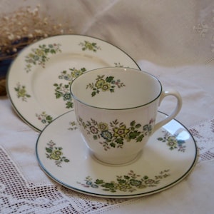 Vintage Royal Doulton Campagna Trio - Tea Cup, Saucer & Plate - English China - Floral Yellow Green Blue, Tea for One Gift Set, Gift for Her