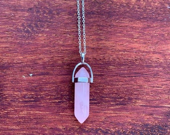 Rose Quartz Crystal Necklace On Silver Plated Chain