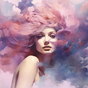 Watercolor Woman Dreamy Hair Digital Art Download