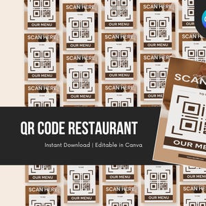 Brun minimalistisk restaurangskylt med QR-kod, redigerbar digital menymall, nedladdning av Canva för kontaktlös beställning vid matbordet, småföretag