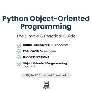 Puede incluir: Gráfico blanco con el título "Python Object-Oriented Programming" en azul oscuro. La imagen enumera conceptos y características clave, incluyendo un glosario rápido, analogías del mundo real y 10 preguntas OOP. Es un PDF digital.