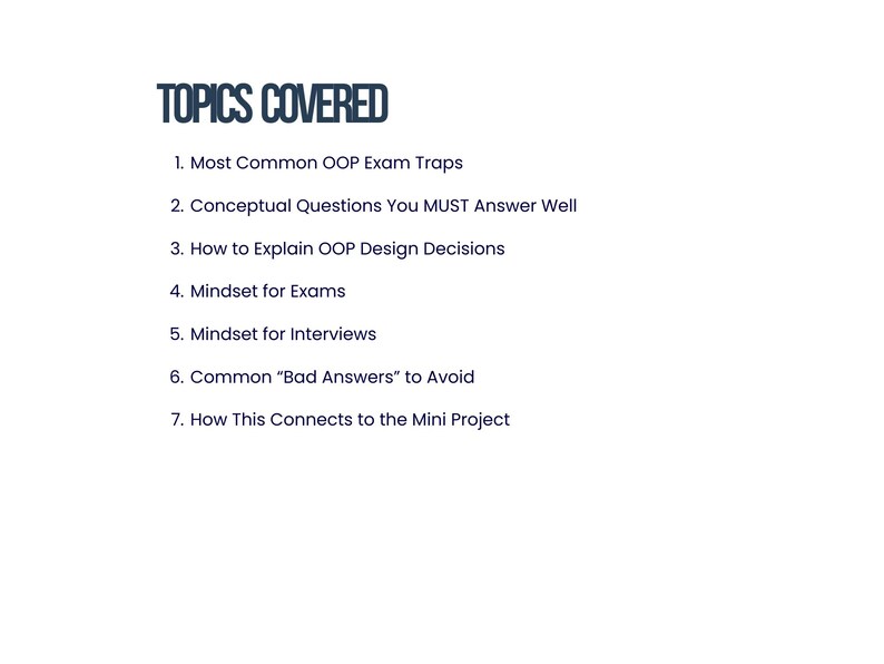 Op de afbeelding: Een witte achtergrond met de tekst "TOPICS COVERED" in donkerblauw. Daaronder een genummerde lijst met onderwerpen zoals examenvallen, ontwerpbeslissingen en interviewmindsets. De lijst is voor een miniproject.
