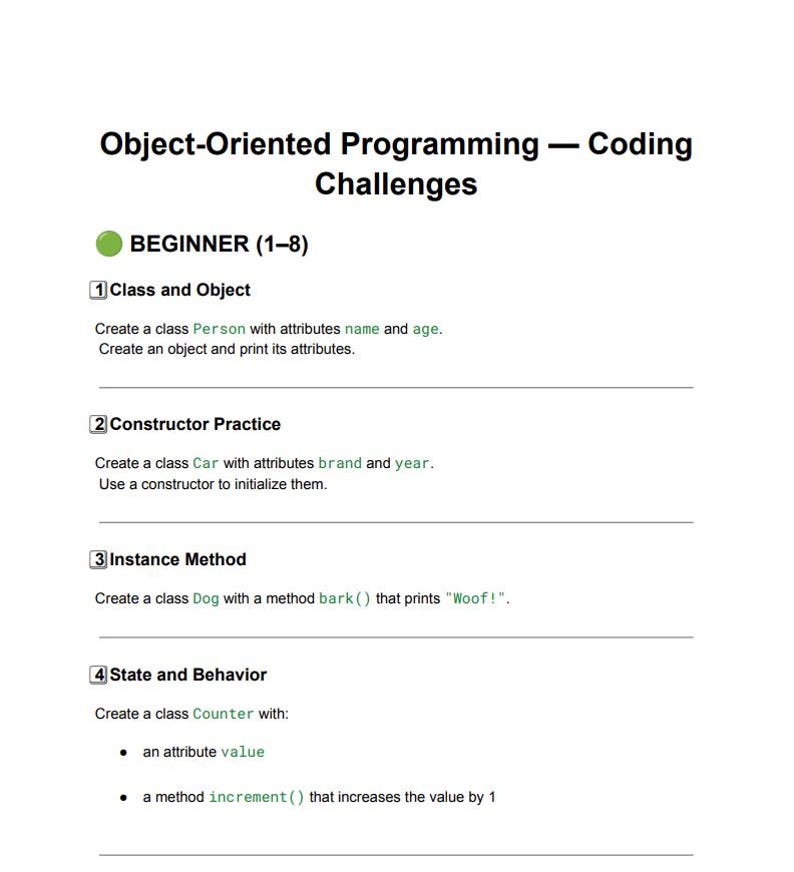 Desafíos de codificación de programación orientada a objetos / 20 ejercicios de programación orientada a objetos con soluciones / Práctica de exámenes y entrevistas (Python) / De principiante a avanzado imagen 2
