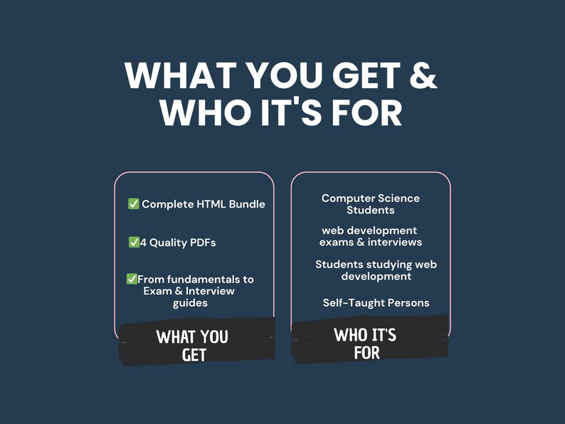 May include: Dark blue graphic with white text: "WHAT YOU GET & WHO IT'S FOR." Lists "Complete HTML Bundle," "4 Quality PDFs," and "Exam & Interview guides." Also lists "Computer Science Students," "web development exams & interviews," and "Self-Taught Persons."