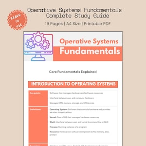 Puede incluir: Una guía de estudio en PDF imprimible titulada "Operative Systems Fundamentals". La guía presenta una combinación de colores naranja y morado con el texto "Ready to Use" en una estrella roja. La guía cubre los fundamentos básicos e incluye puntos clave y definiciones.