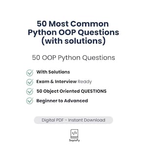 Może przedstawiać: Biała grafika z tekstem "50 Most Common Python OOP Questions (with solutions)". Grafika zawiera również tekst "50 OOP Python Questions" oraz punktorami z tekstem "With Solutions", "Exam & Interview Ready", "50 Object Oriented QUESTIONS" i "Beginner to Advanced".