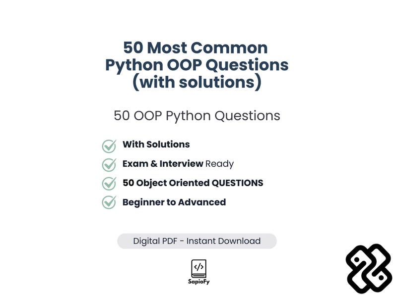 Pu&ograve; includere: Una grafica bianca con il testo "50 Most Common Python OOP Questions (with solutions)". La grafica include anche il testo "50 OOP Python Questions" e punti elenco con il testo "With Solutions", "Exam & Interview Ready", "50 Object Oriented QUESTIONS" e "Beginner to Advanced".