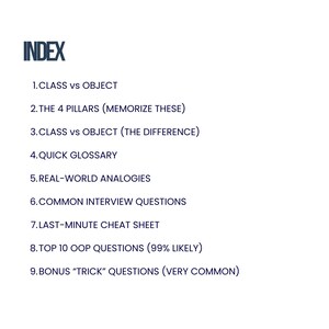 K&ouml;nnte beinhalten: Wei&szlig;er Hintergrund mit blauem Text "INDEX" oben. Darunter eine nummerierte Liste mit Themen wie "CLASS vs OBJECT", "COMMON INTERVIEW QUESTIONS" und "TOP 10 OOP QUESTIONS".