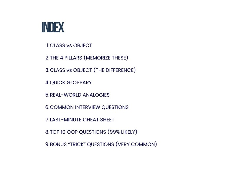 K&ouml;nnte beinhalten: Wei&szlig;er Hintergrund mit blauem Text "INDEX" oben. Darunter eine nummerierte Liste mit Themen wie "CLASS vs OBJECT", "COMMON INTERVIEW QUESTIONS" und "TOP 10 OOP QUESTIONS".